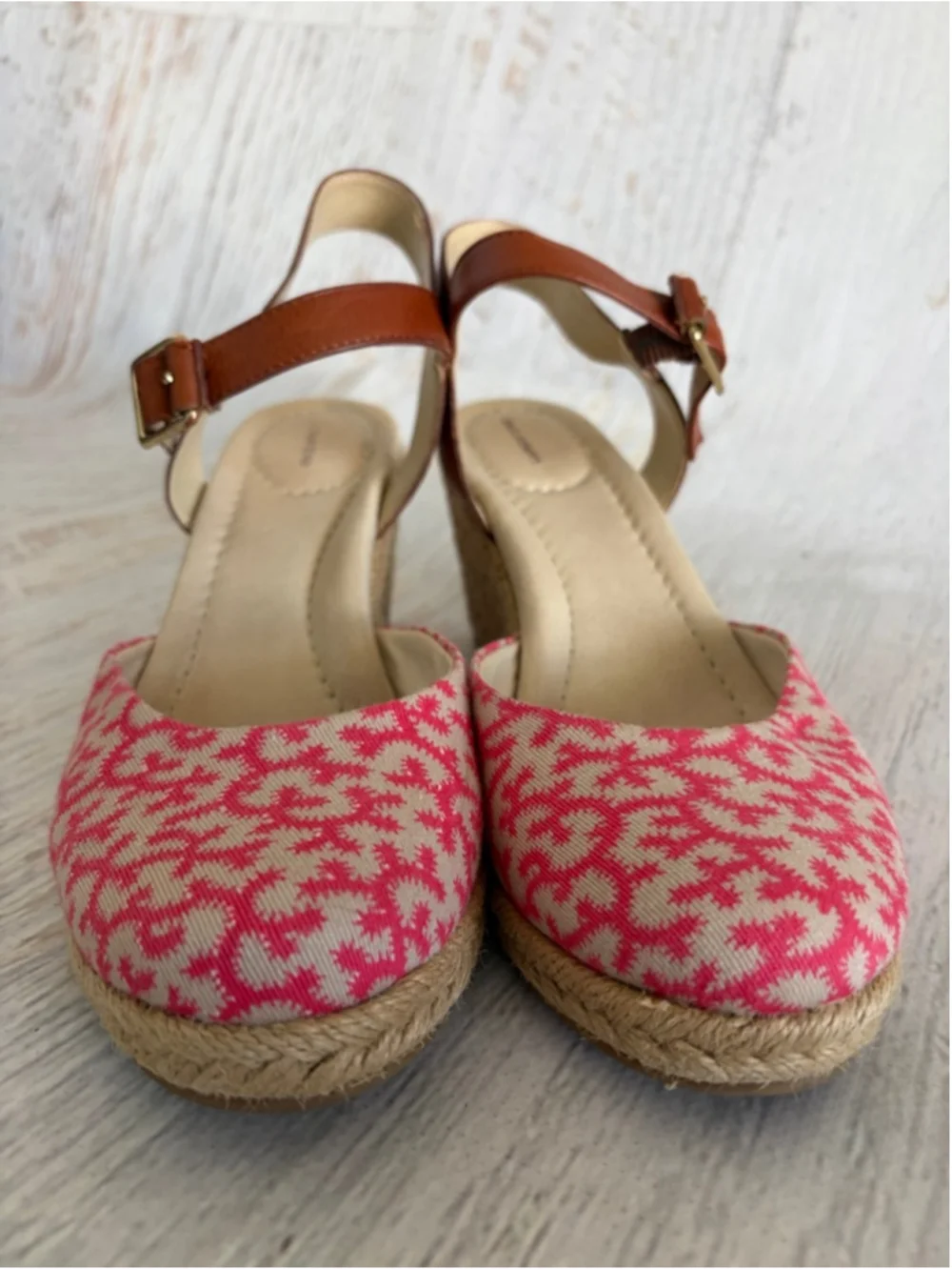 Women's Lands' End Pink Beige Patterned Espadrille Wedges 7.5